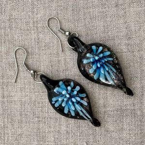 Artisan Lampwork Glass Teardrop Floral Dangle Earrings Black Blue Gold 2"